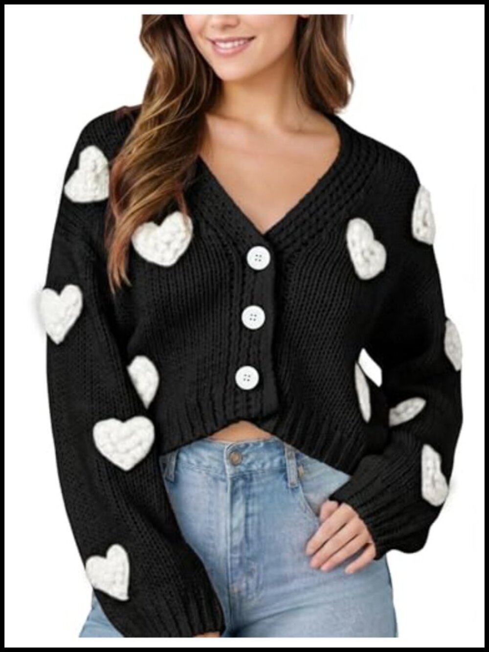 Women's Valentines Cropped Cardigan Sweater Heart Print Button Down 3D Love Knit